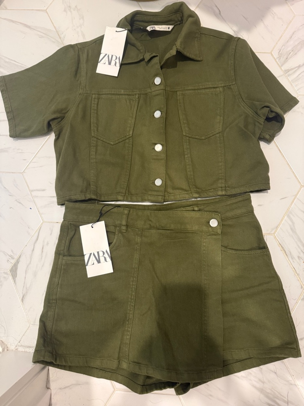 ZARA Olive Cropped Button Jacket and Matching Skort Set